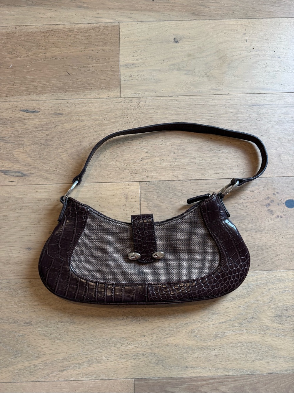 Cato Dark Brown Croc-Trim Shoulder Bag with Woven Panel